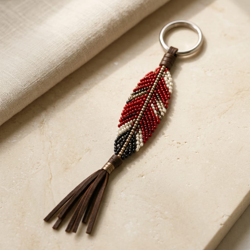 Beaded Red Feather Keychain