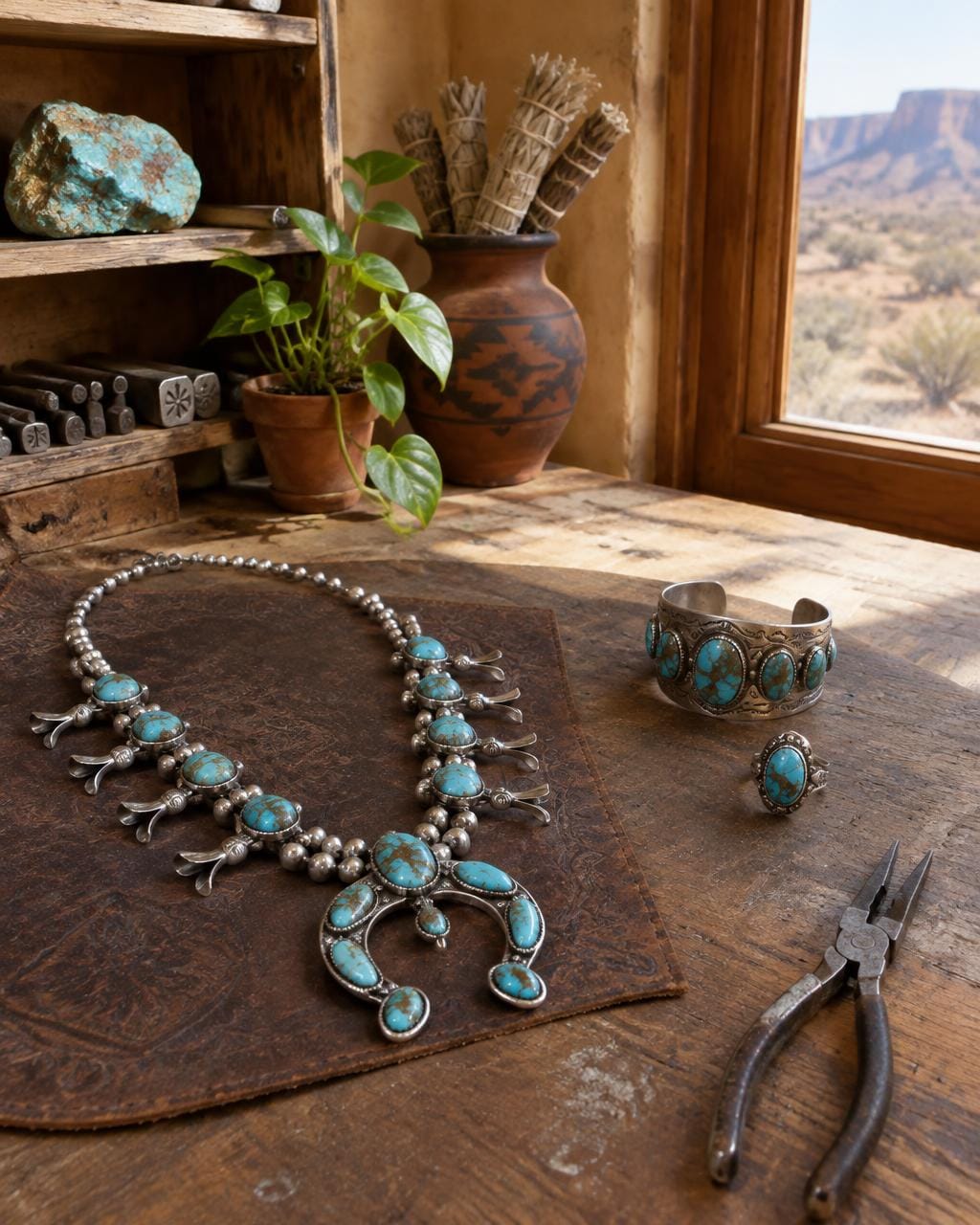 Turquoise jewelry in a sunlit artisan workspace