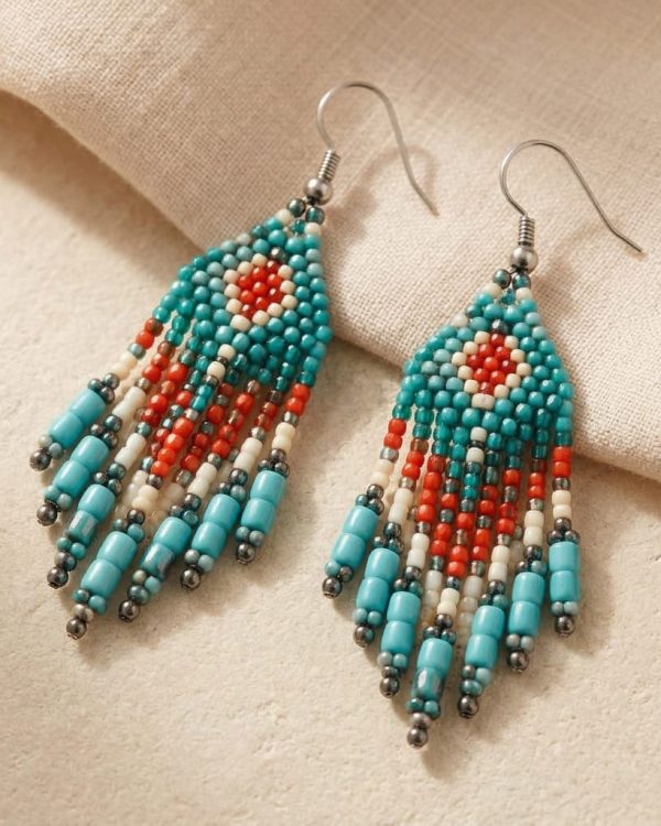 Hand Beaded Feather Dangle Earrings