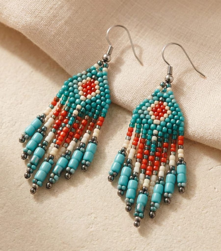 Hand Beaded Feather Dangle Earrings