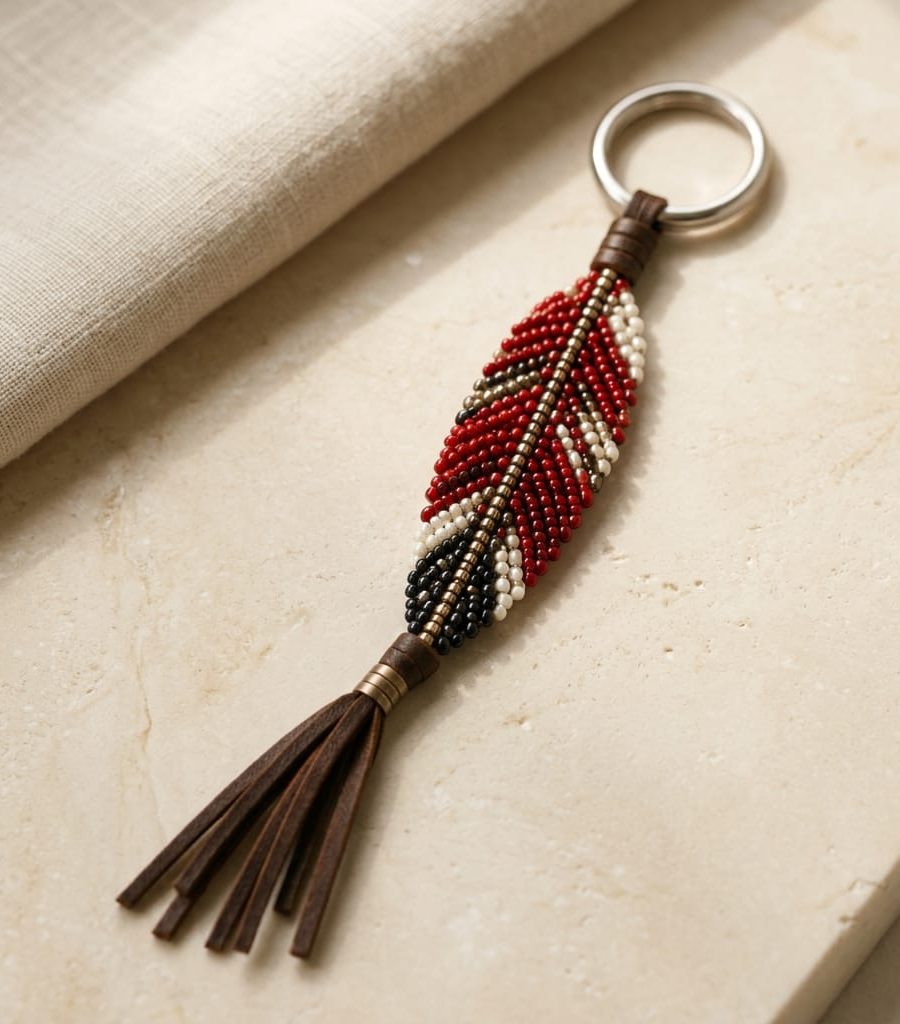 Beaded Red Feather Keychain