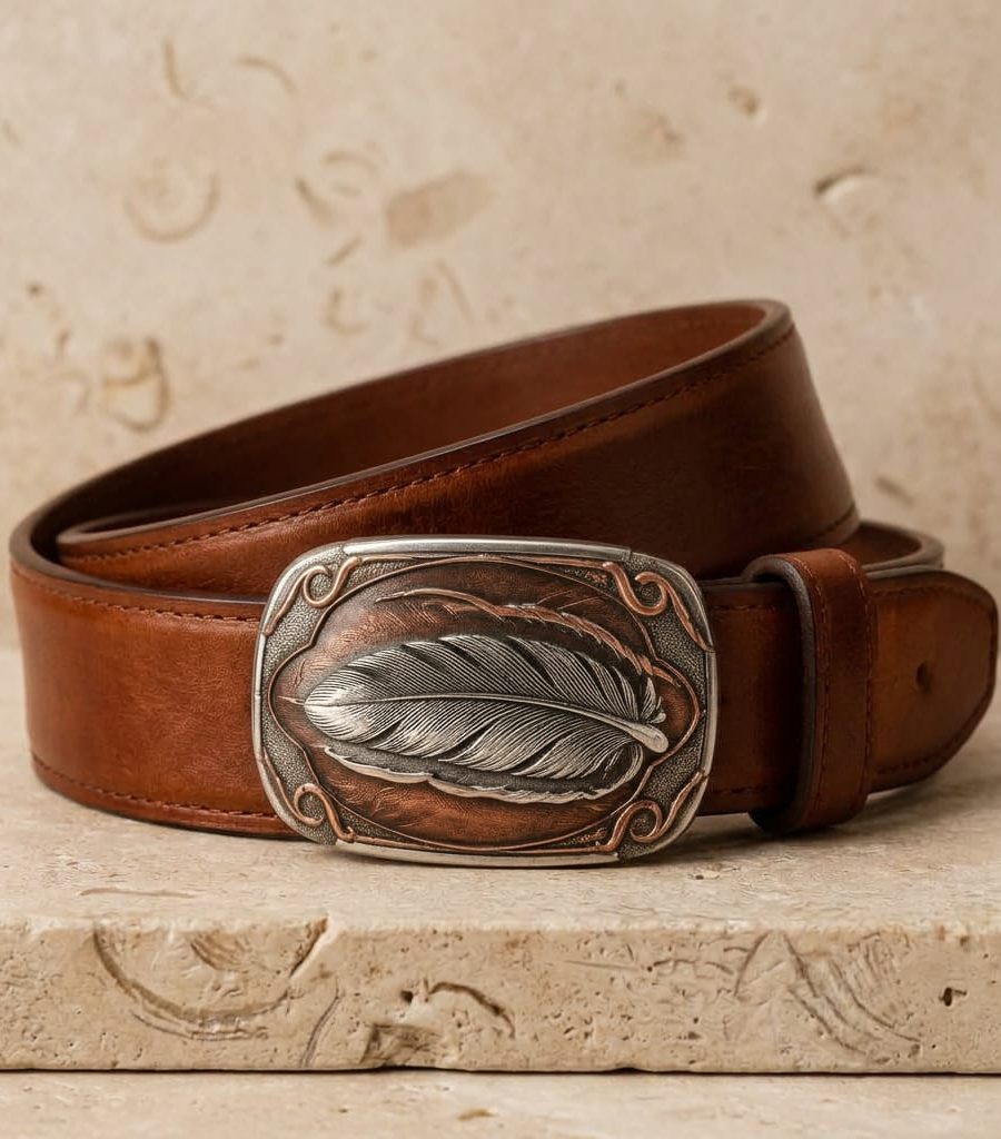 Hand Tooled Feather Buckle Belt