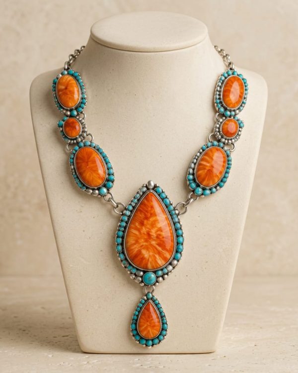 Handmade Sterling Silver Orange Spiny Oyster and Turquoise Statement Necklace