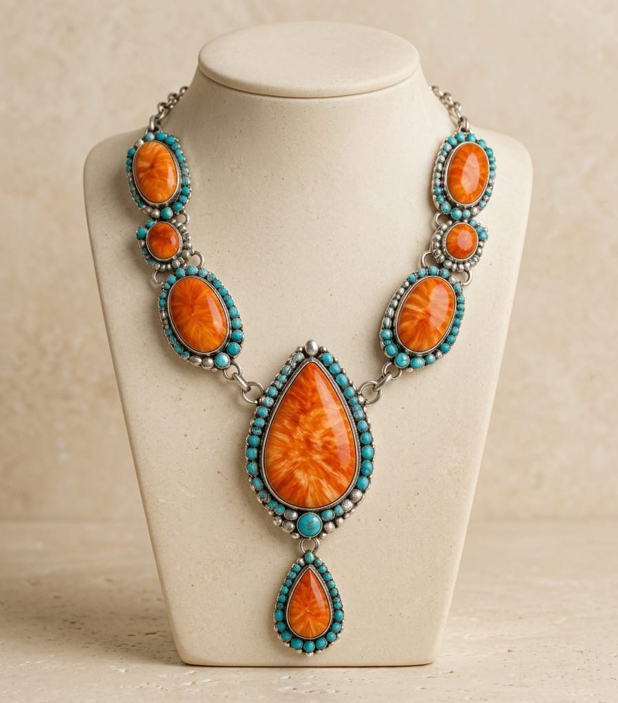 Handmade Sterling Silver Orange Spiny Oyster and Turquoise Statement Necklace