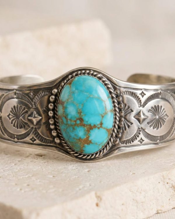 Stamped Sterling Turquoise Cuff Bracelet