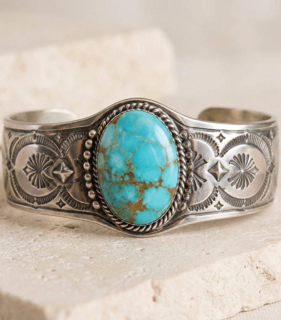 Stamped Sterling Turquoise Cuff Bracelet
